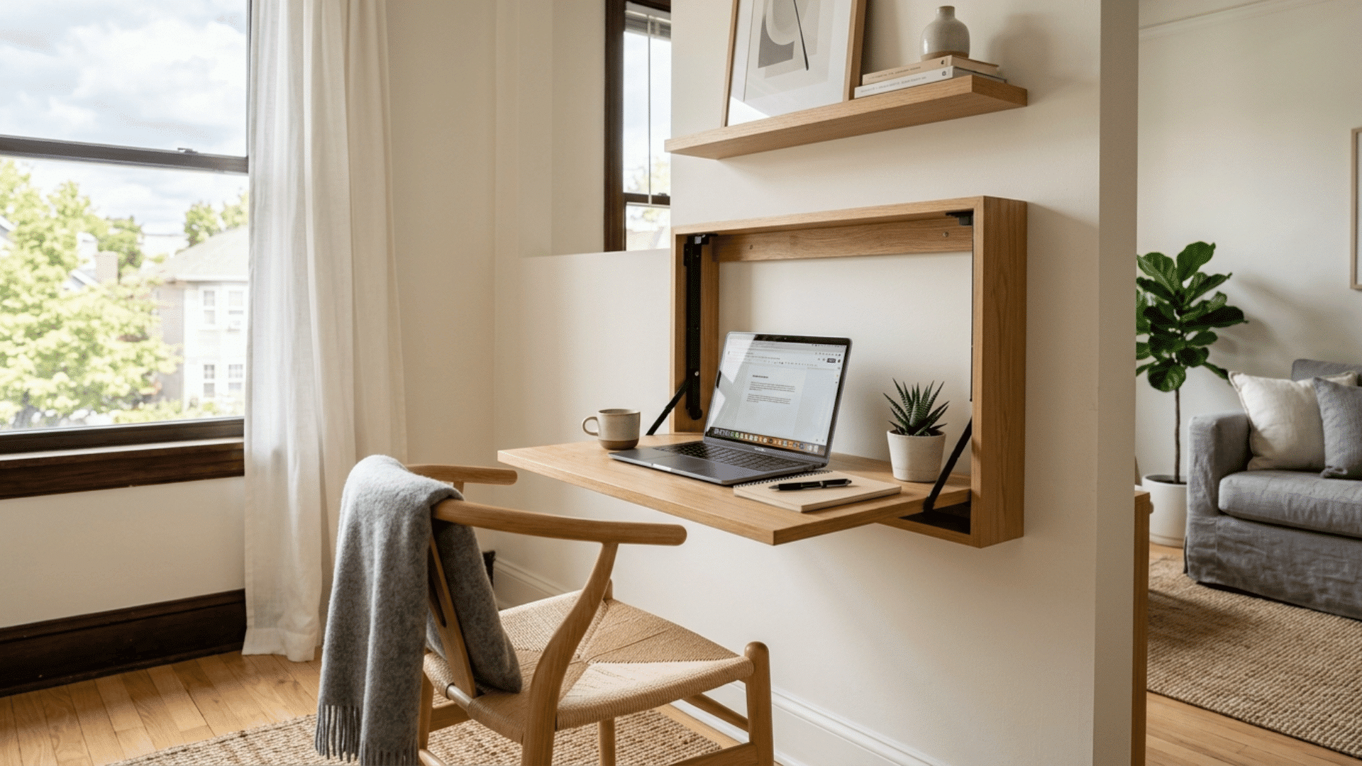 fold-down wall desk setup with chair and laptop, compact workspace design with natural light and minimal interior