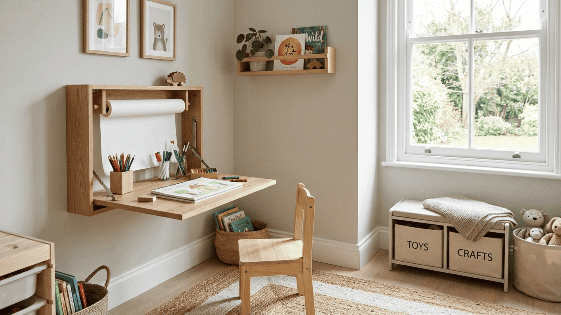 fold down wall desk used as activity surface that folds away to save floor space in a compact playroom