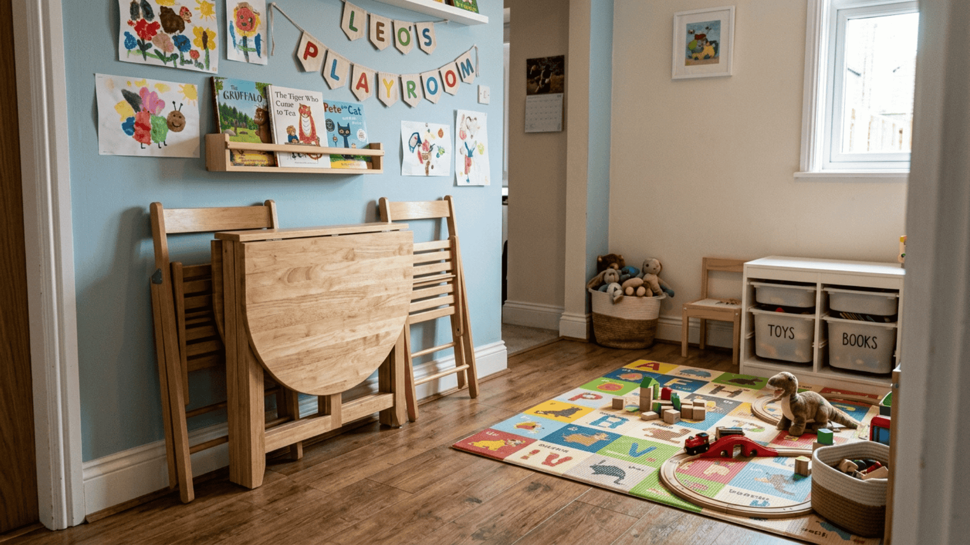 foldable furniture setup with table and chairs stored neatly to create open floor space in a compact playroom