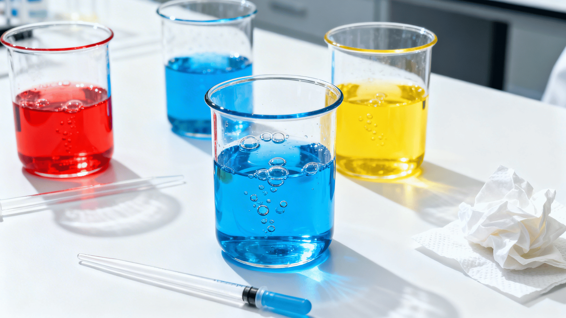 four glass beakers with red, blue, and yellow liquids on a lab table, bubbles rising, with droppers and tissue nearby.
