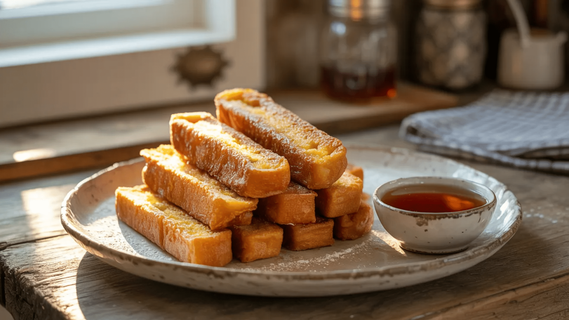 french toast sticks with powdered sugar and syrup dip