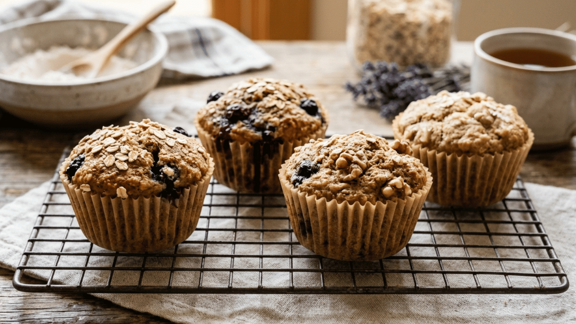 fresh baked muffins with oats and berries on a cooling rack.