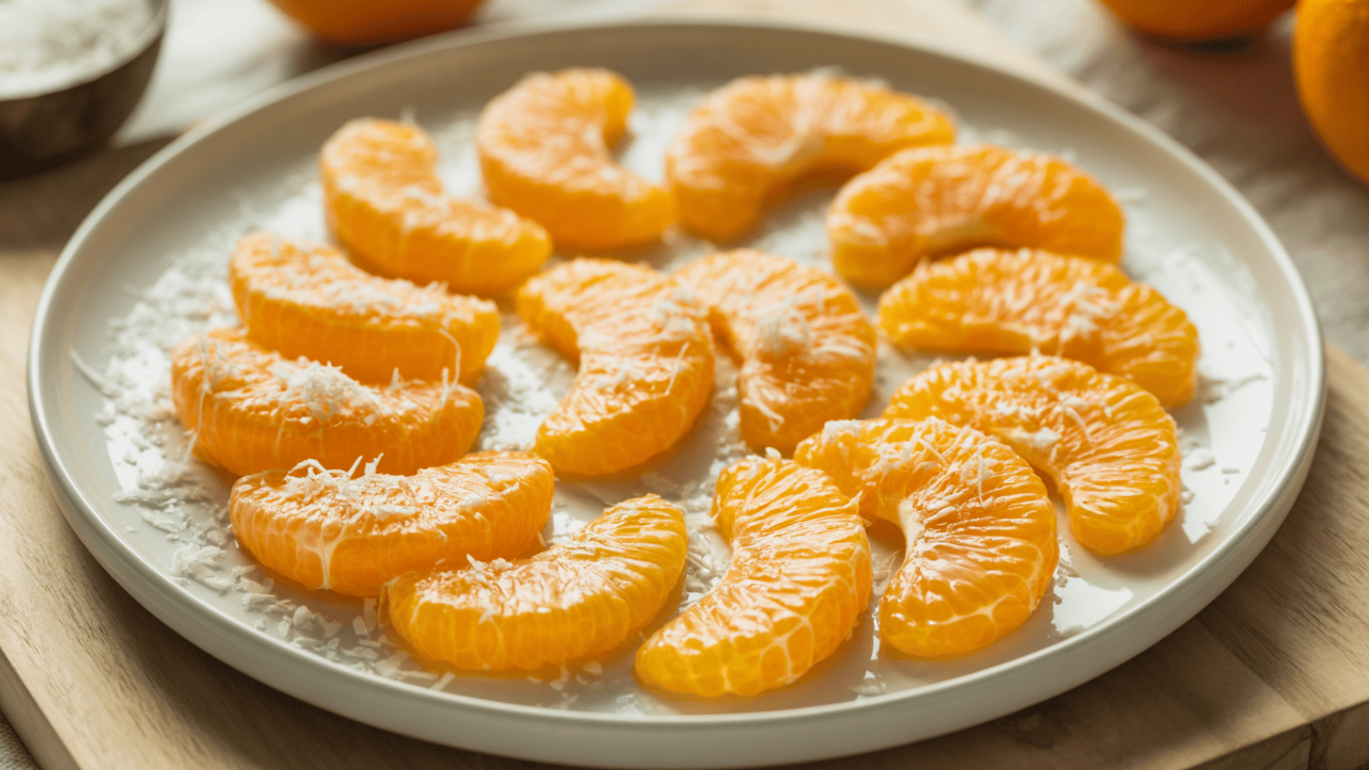 fresh orange segments topped with unsweetened coconut flakes for added sweetness
