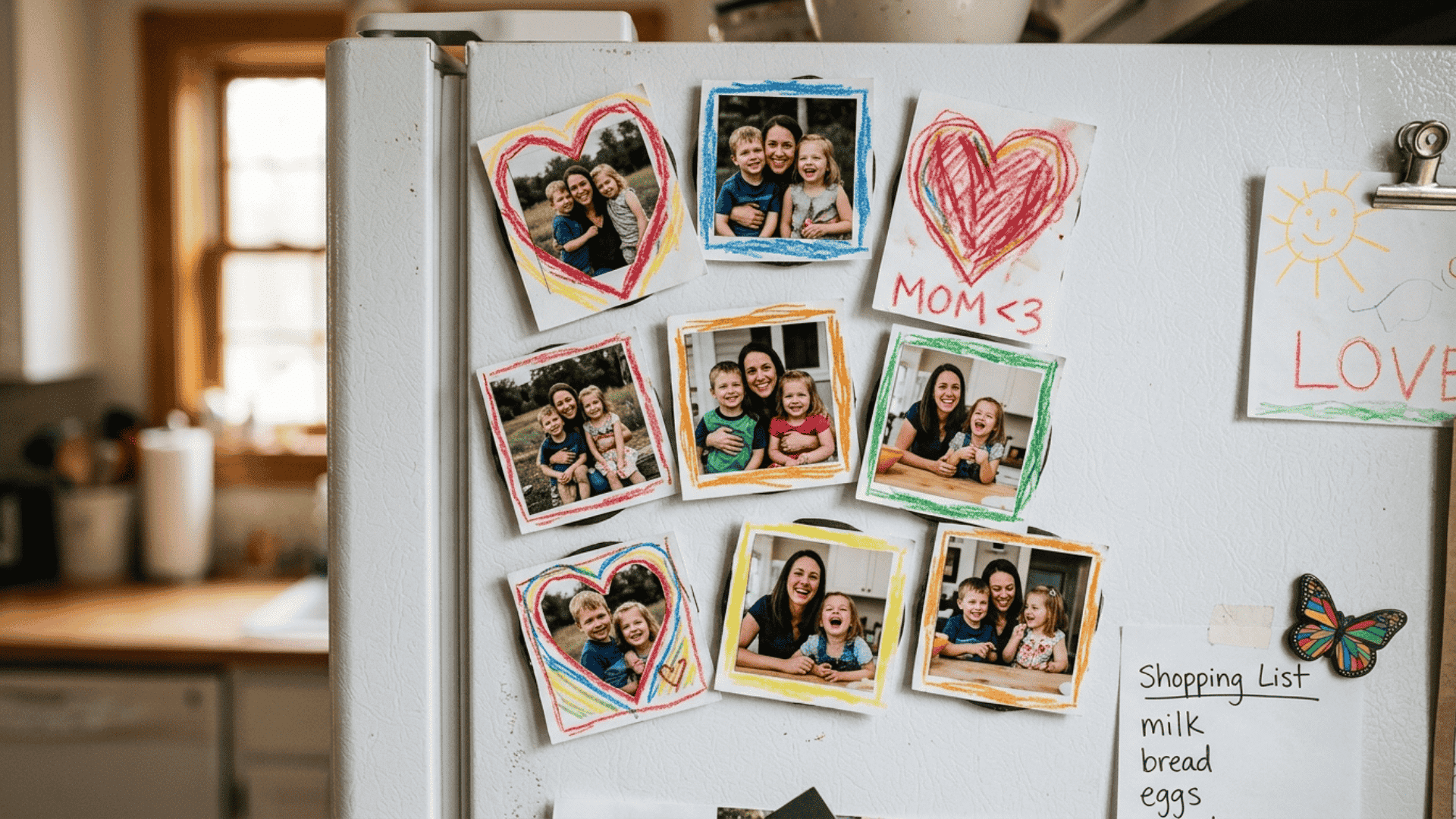 fridge magnets with printed family photos of mom and kids with hand-drawn crayon heart borders stuck on a refrigerator door
