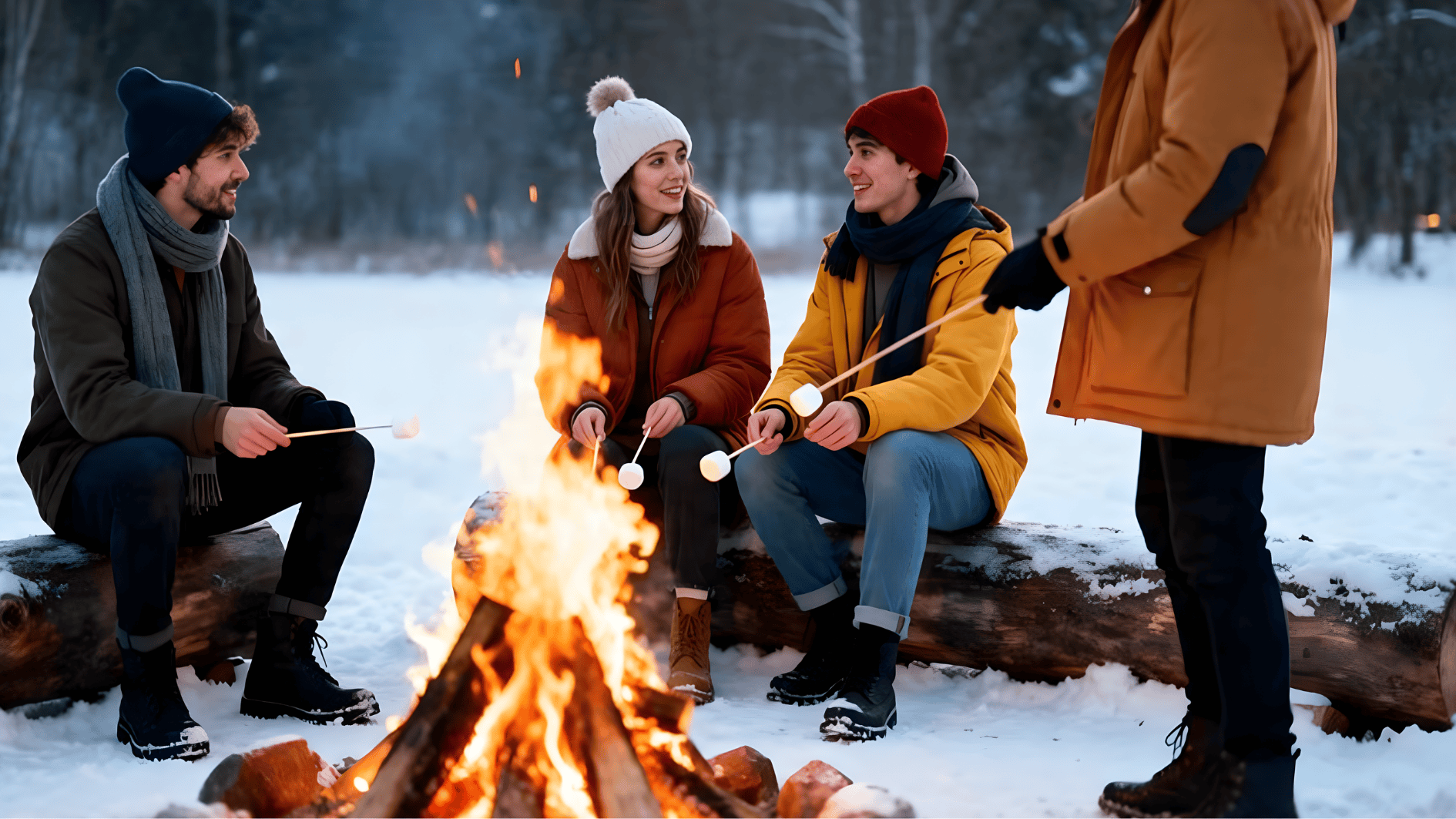 friends sitting around campfire in snow roasting marshmallows and enjoying a cozy winter evening outdoors