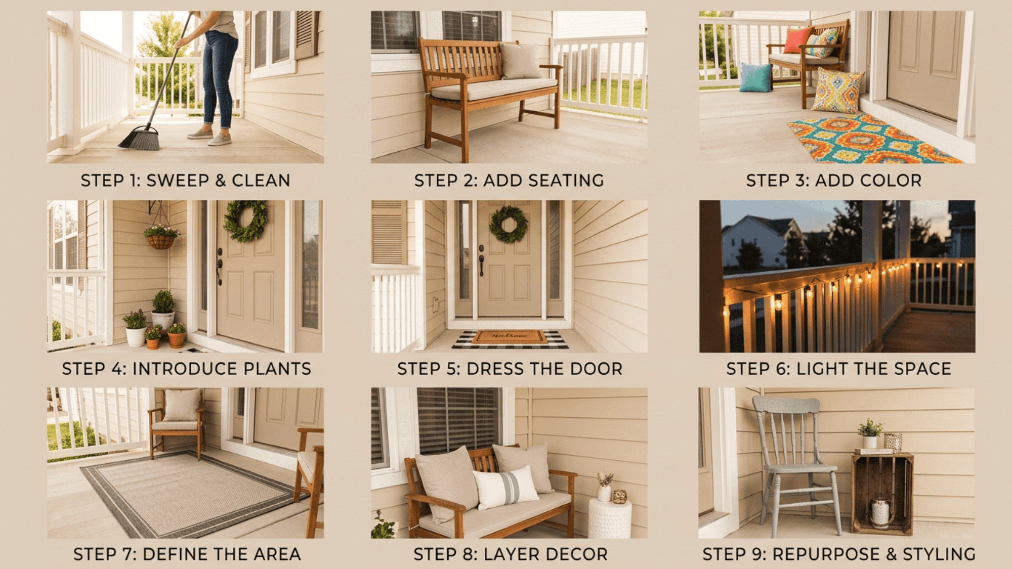 front porch makeover steps guide cleaning seating decor plants lighting styling outdoor entryway design tips