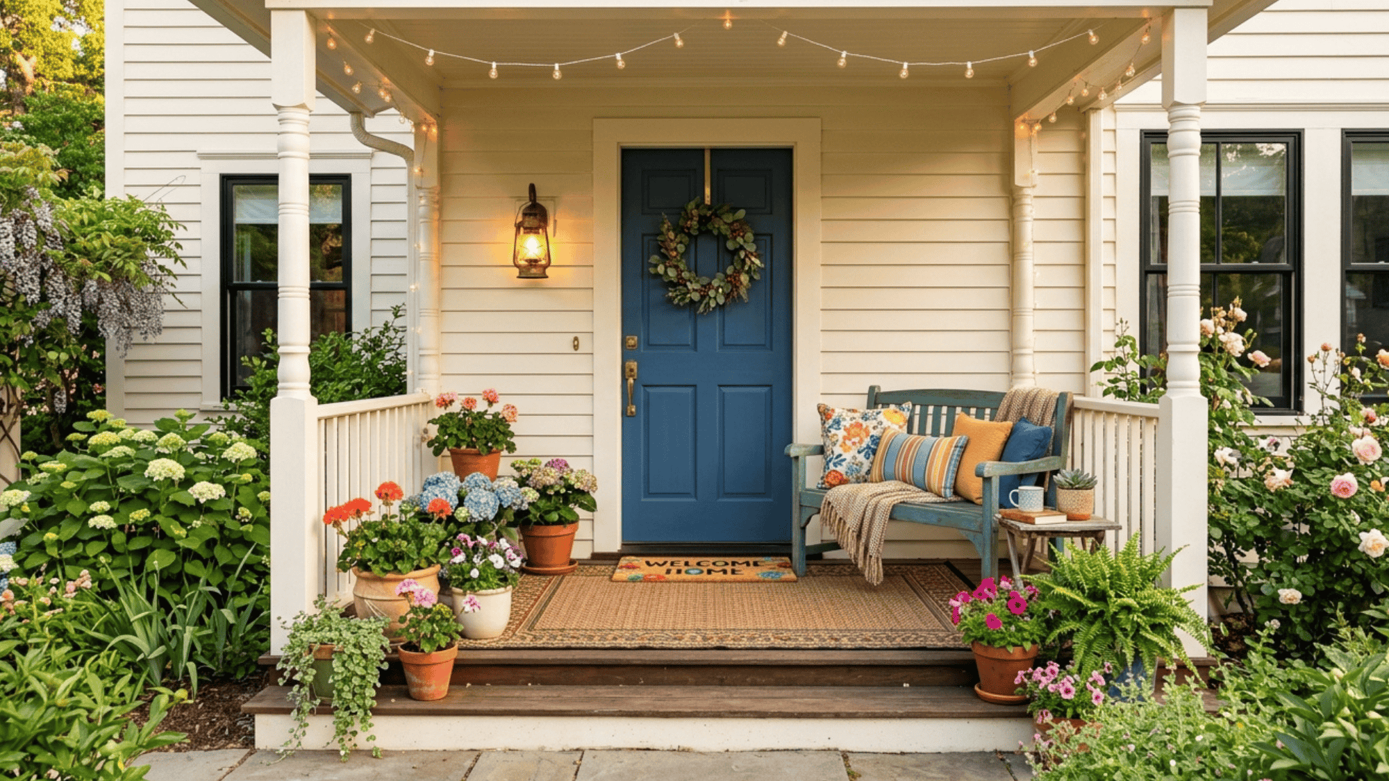 front porch with blue door cozy seating string lights and colorful potted flowers welcoming home entrance
