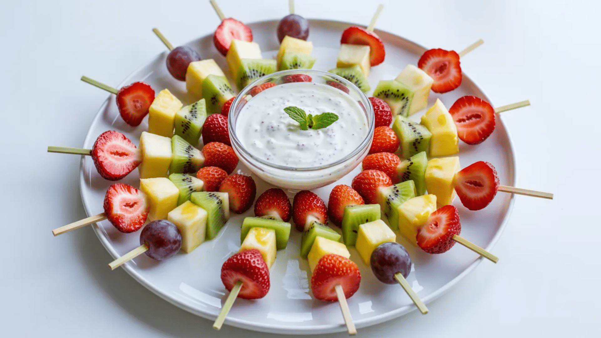 fruit skewers with strawberries, kiwi, pineapple, and grapes served with a yogurt dip