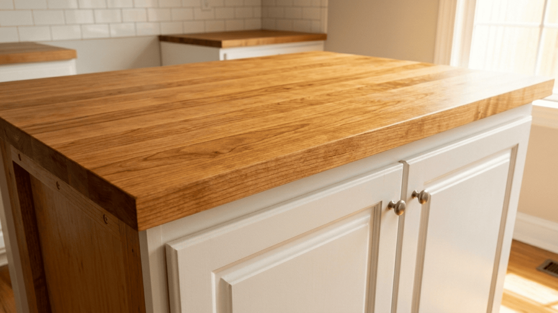 fully finished butcher block countertop installed on white kitchen cabinets with smooth oiled warm wood surface clean edges and natural lighting showing the completed result