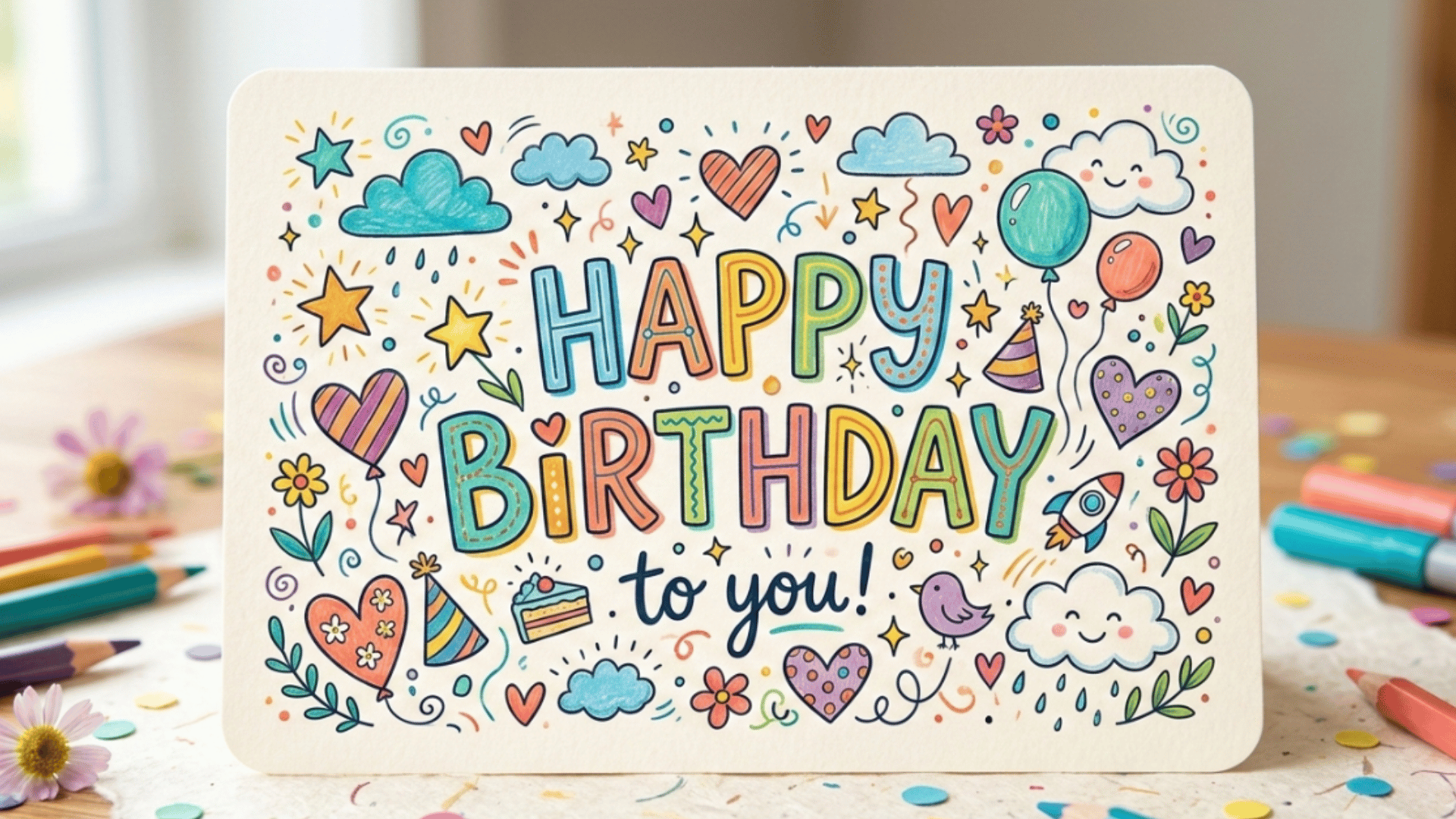 fun doodles like hearts, stars, and clouds around a hand-drawn birthday message