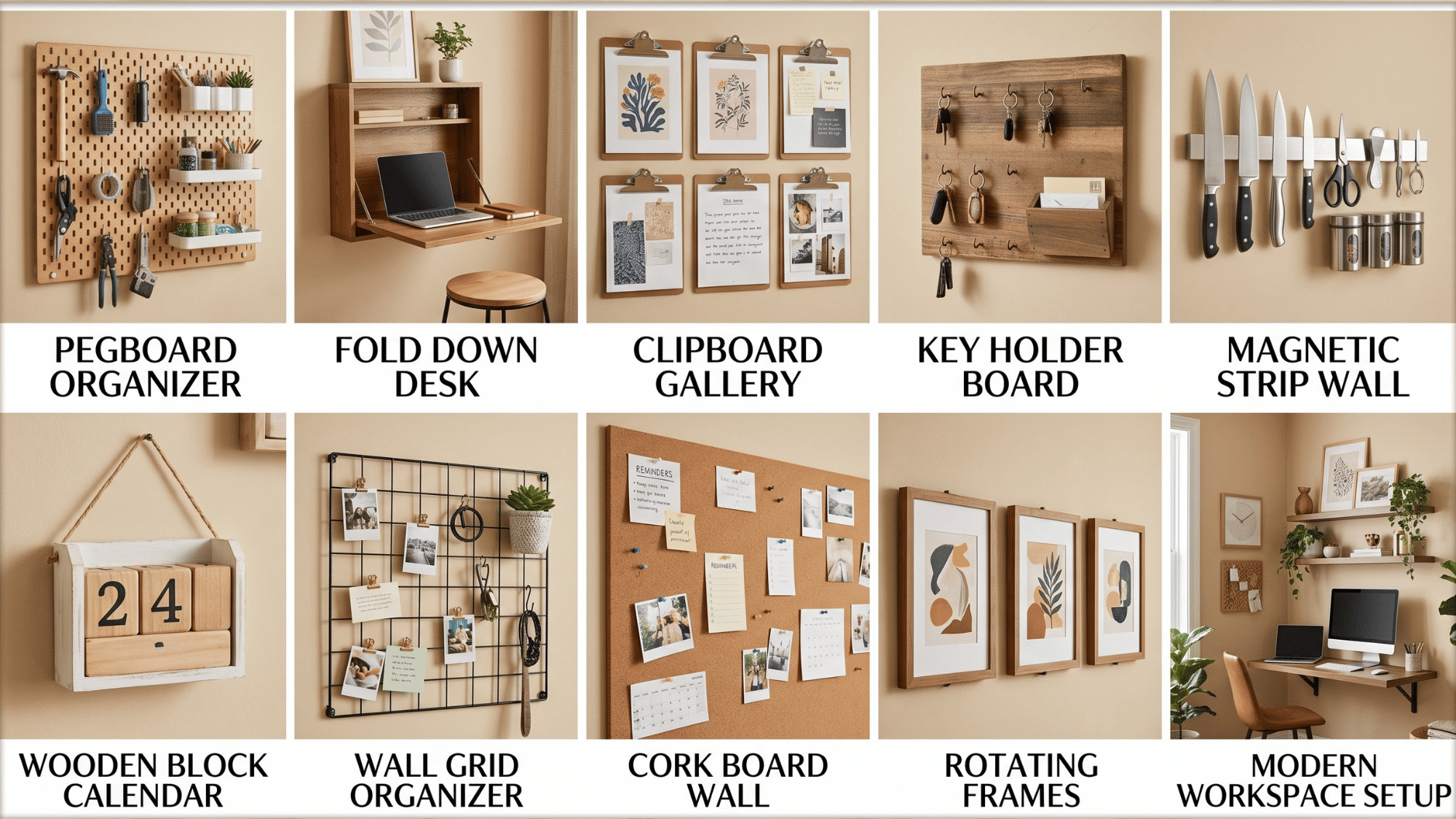 functional diy wall decor grid collage with pegboard, wall desk, organizers and practical space saving ideas
