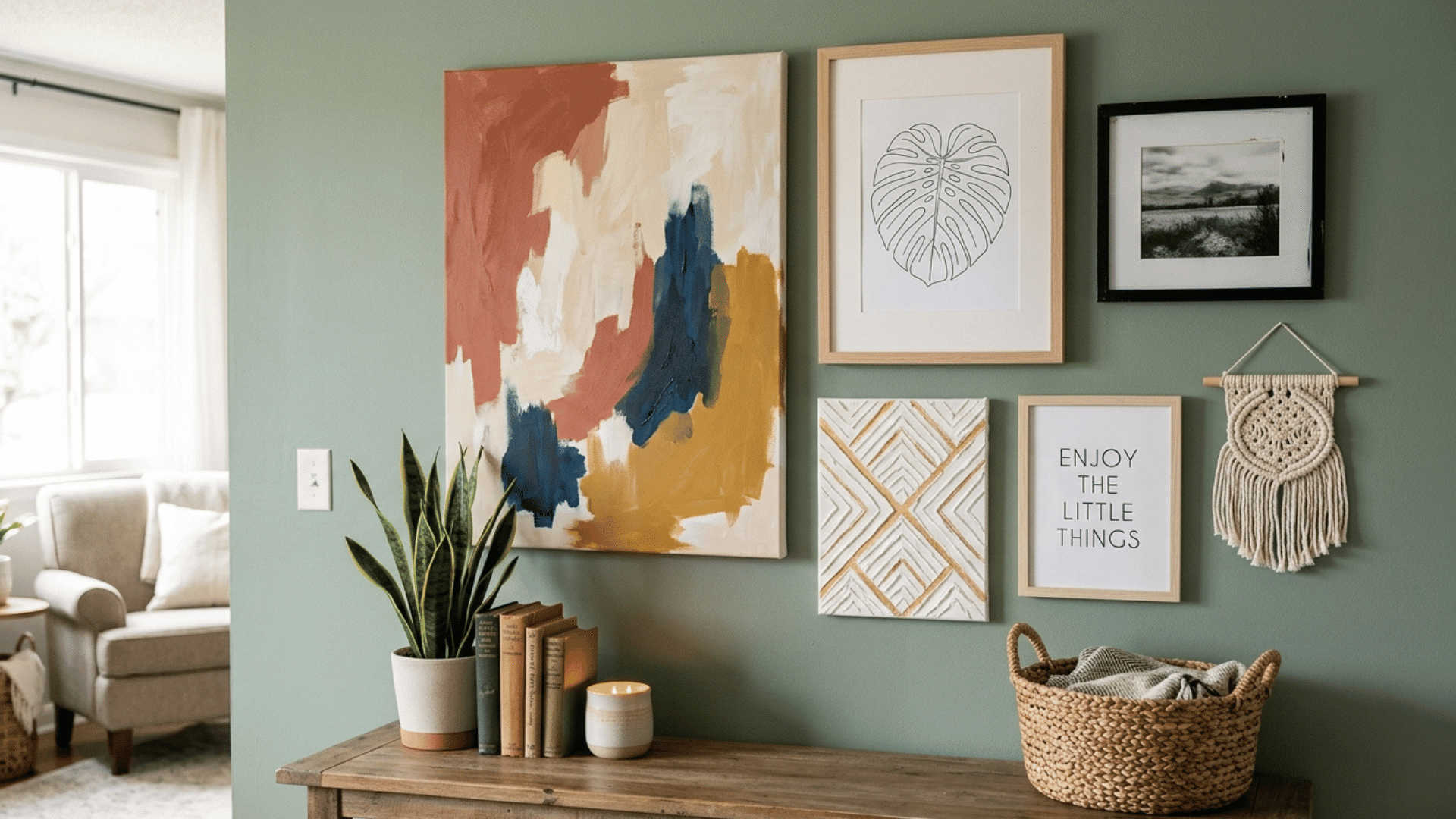 gallery wall with framed art, abstract painting, and decor above a wooden console.