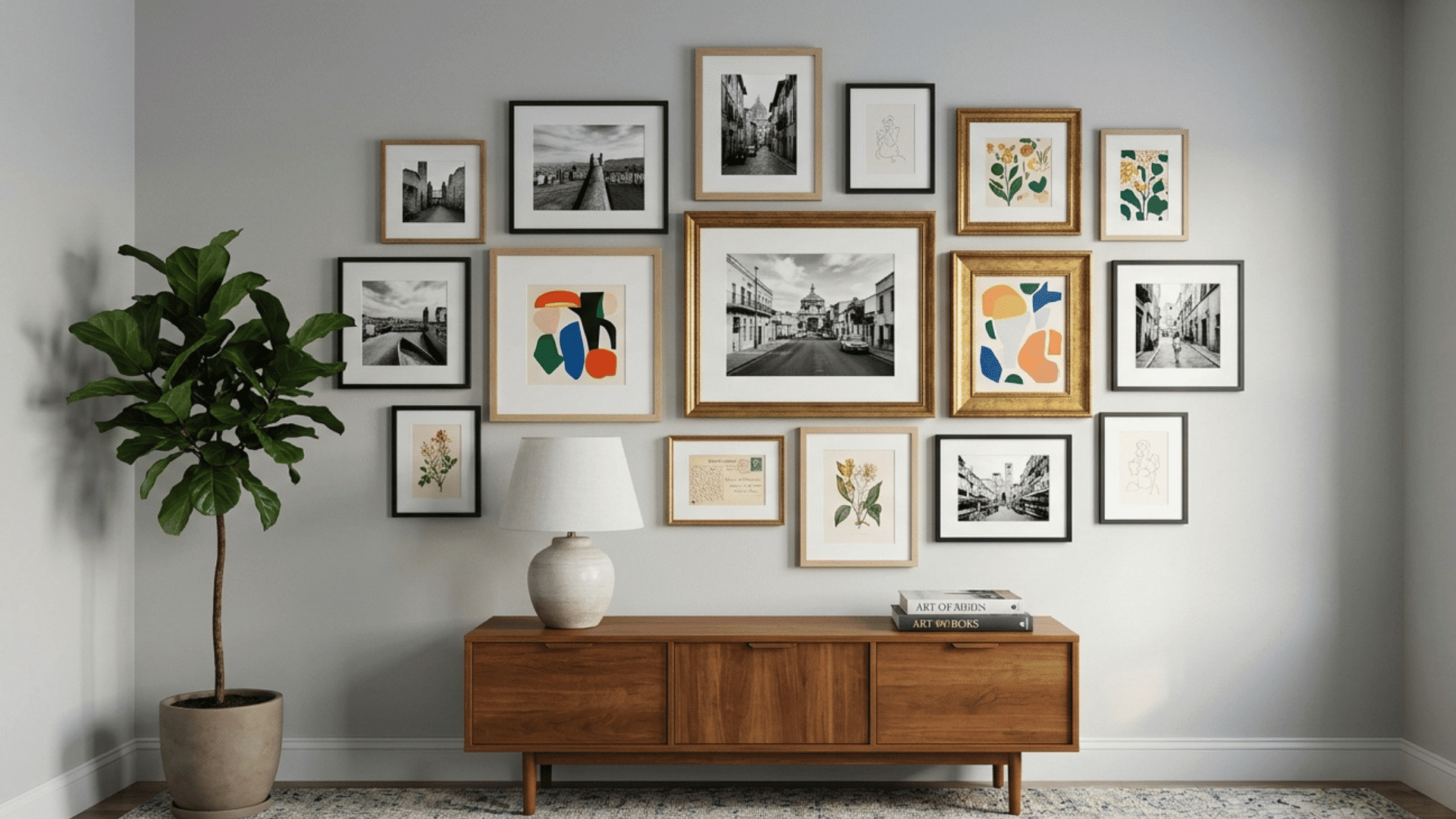 gallery wall with framed artwork and photos above a wooden console table.