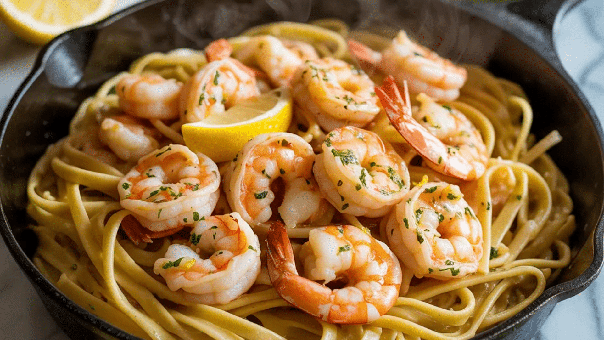 garlic butter shrimp pasta with lemon and herbs served in a skillet