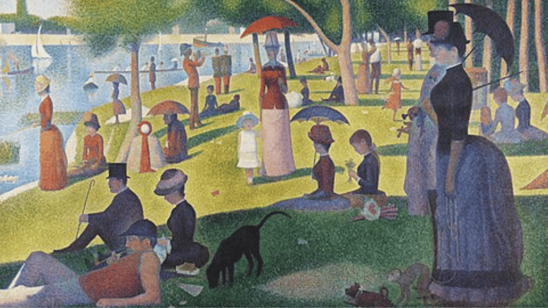 georges Seurat A Sunday on La Grande Jatte-Pointillist painting of people relaxing in a park by the river, featuring figures with umbrellas, trees, and detailed dot technique