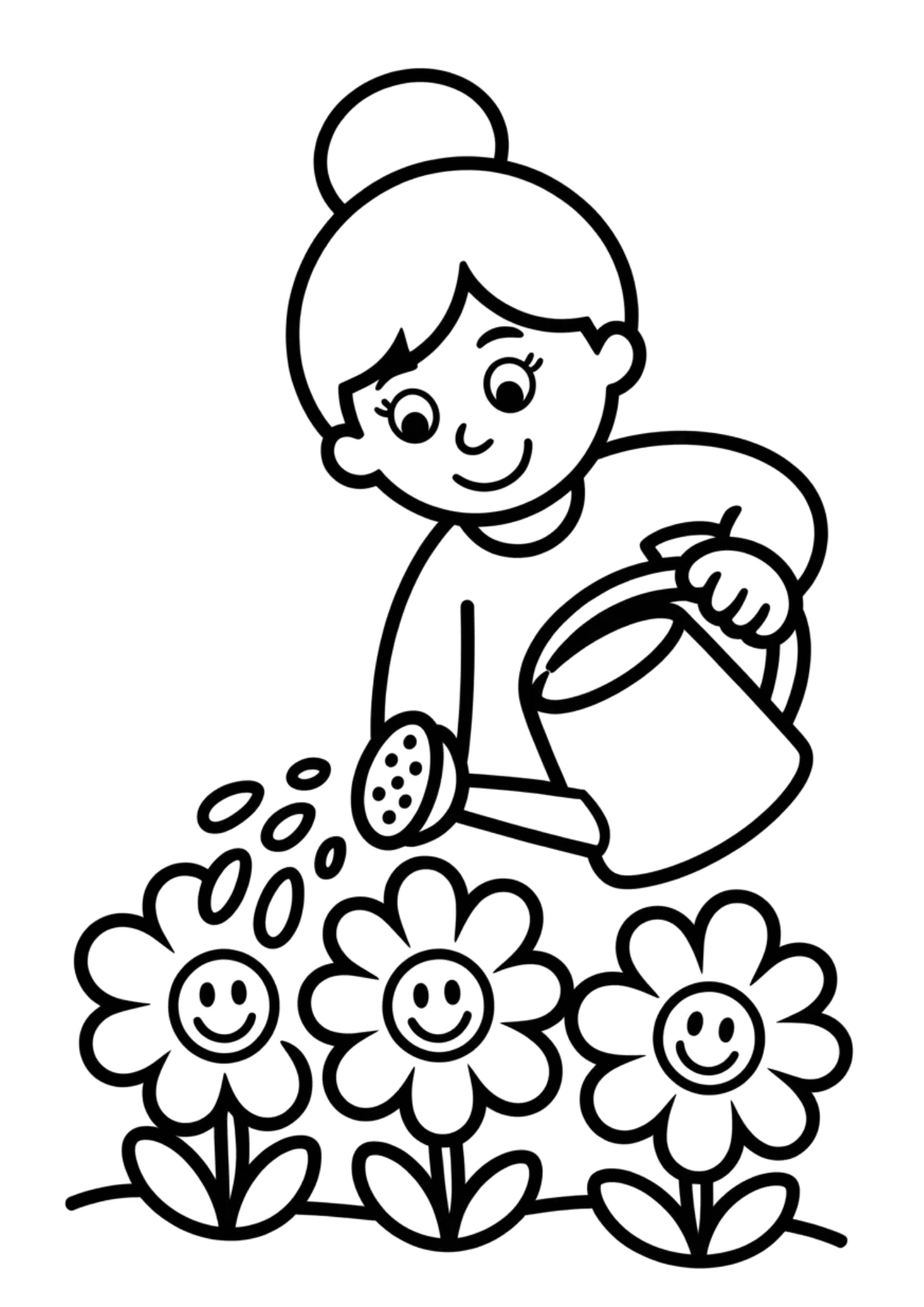 girl with hair bun watering smiling flowers using a watering can in a cute garden scene simple line drawing style