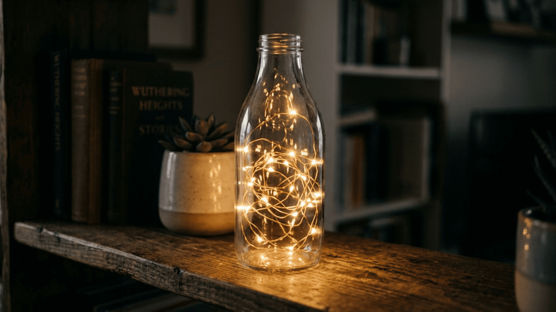 glass bottle filled with warm led fairy lights glowing softly placed on a wooden shelf as a handmade decor gift
