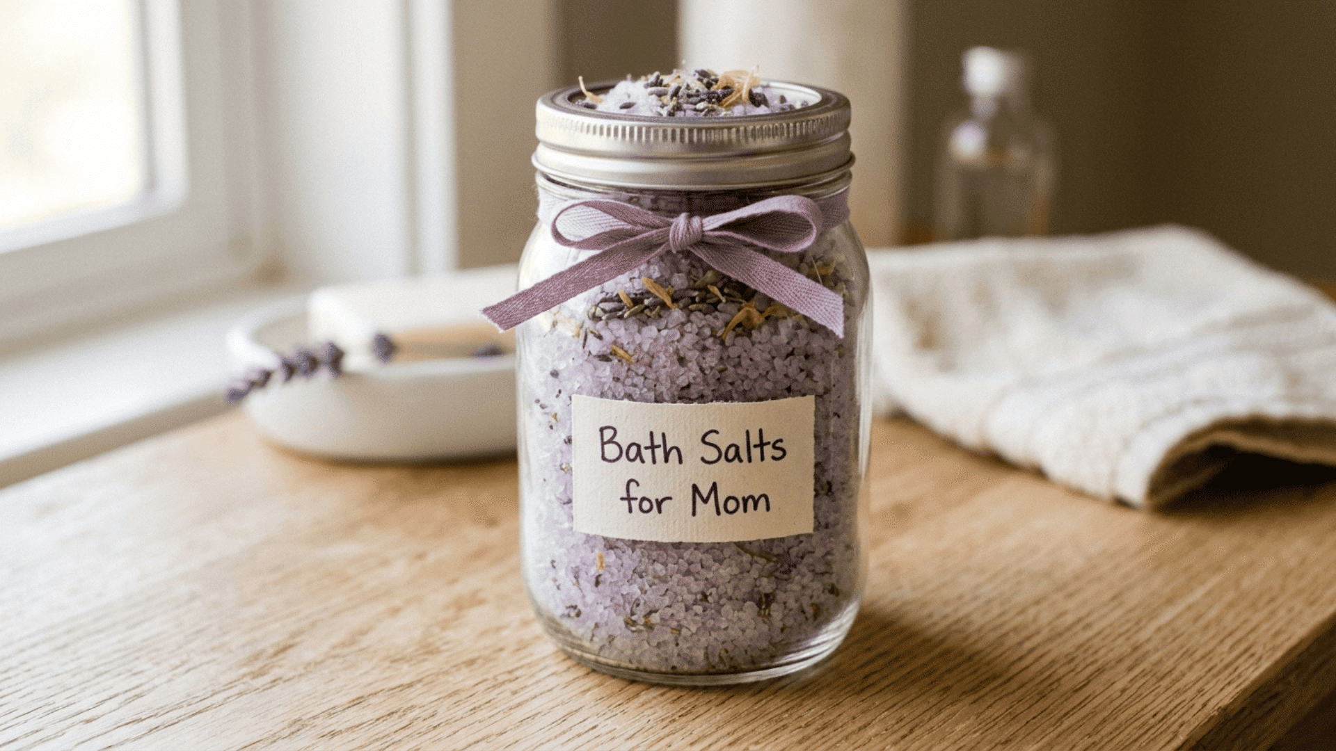 glass jar filled with lavender bath salts tied with a ribbon and labeled for mom as a homemade mothers day gift