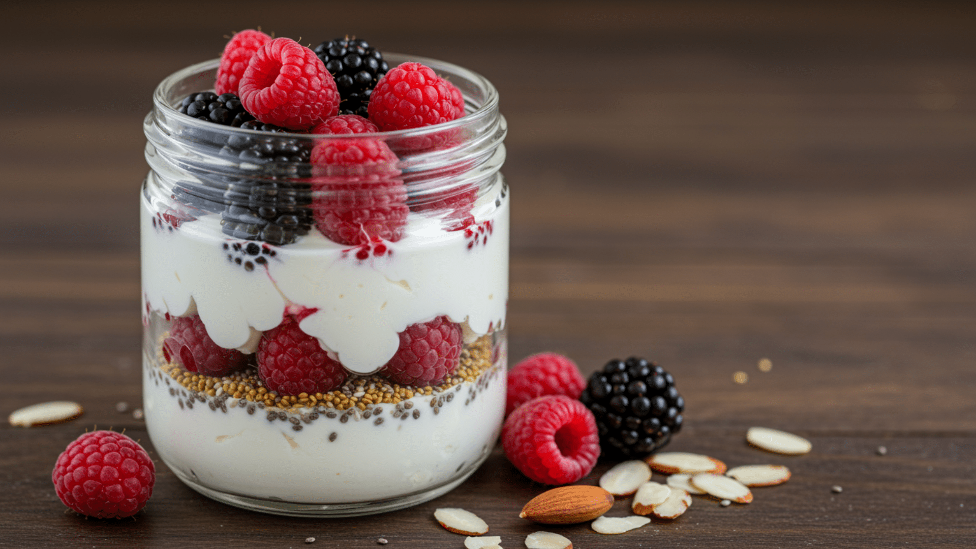 glass jar filled with yogurt layered with raspberries, blackberries, seeds and nuts, placed on a wooden surface with scattered almonds