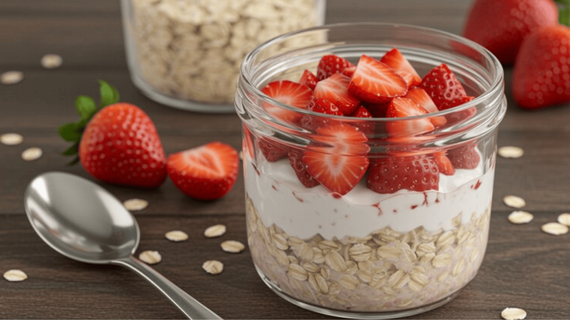 glass jar of overnight oats topped with fresh strawberries and yogurt, with oats and spoon on wooden table