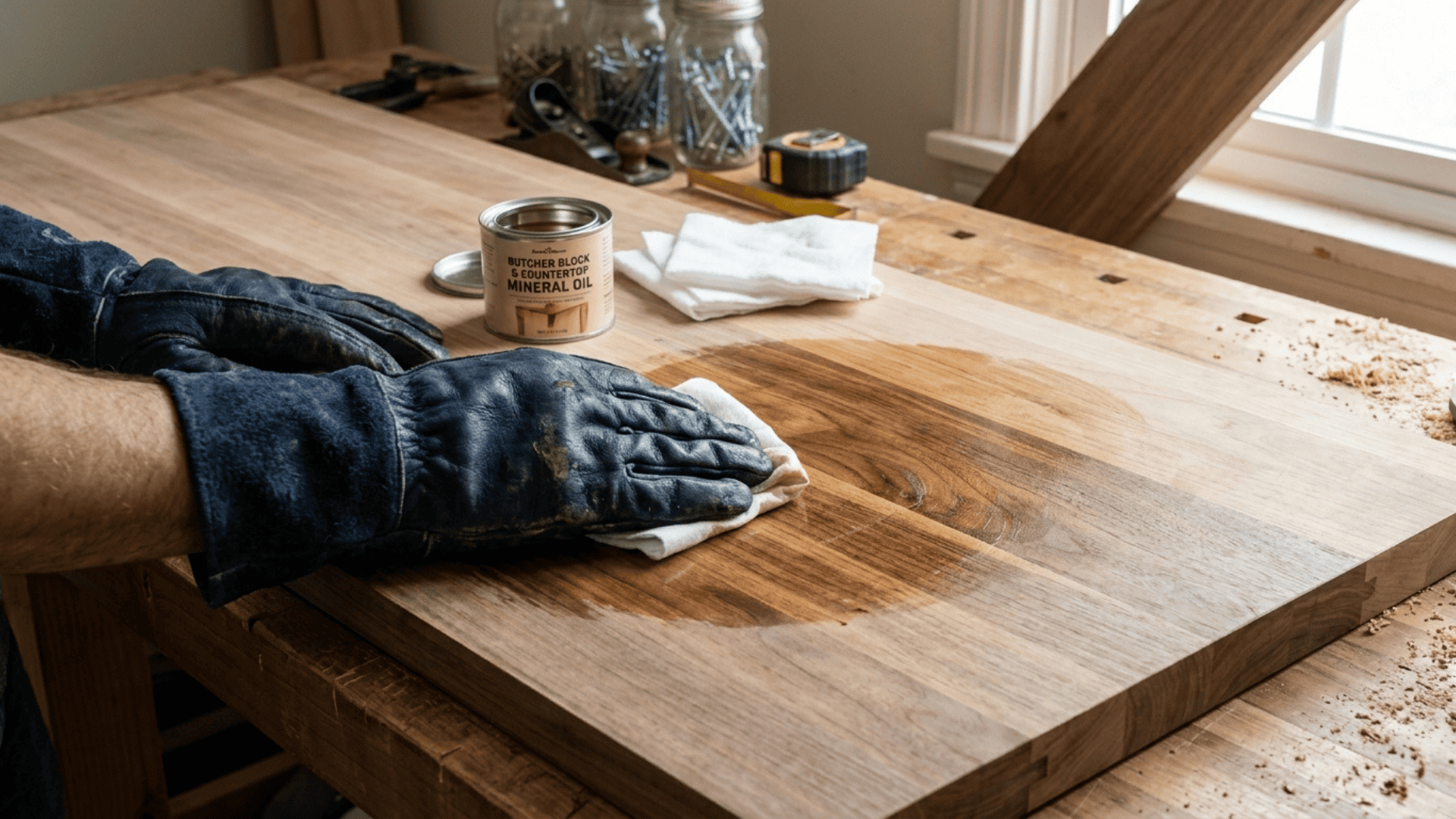 gloved hands applying food safe mineral oil with a cloth across a wide hardwood countertop panel with an oil can and tools visible in the background