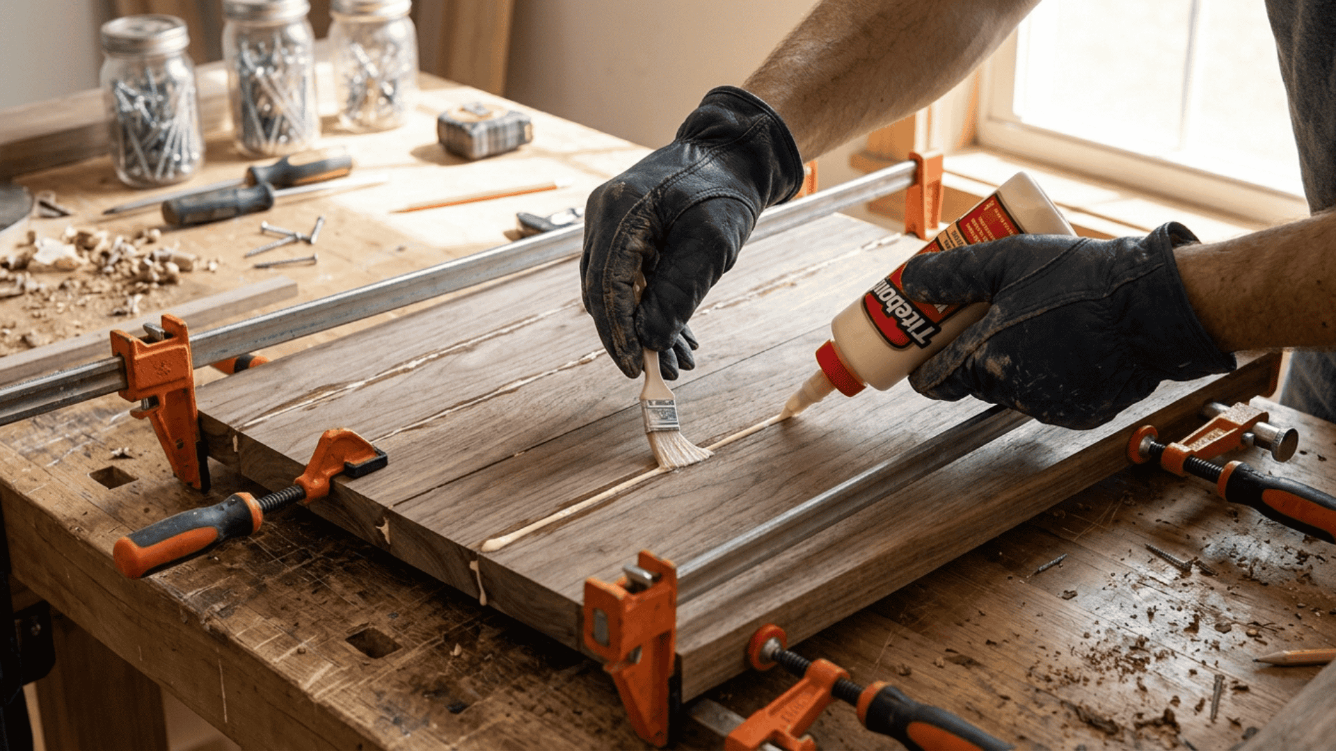 gloved hands applying wood glue with a brush across multiple hardwood board joints with orange bar clamps securing the wide panel on a workbench