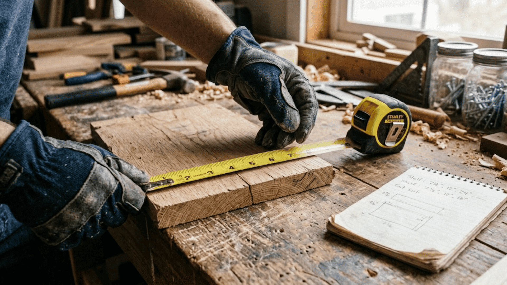 gloved hands measuring wooden boards with a stanley tape measure on a workbench with tools and a notepad in the background