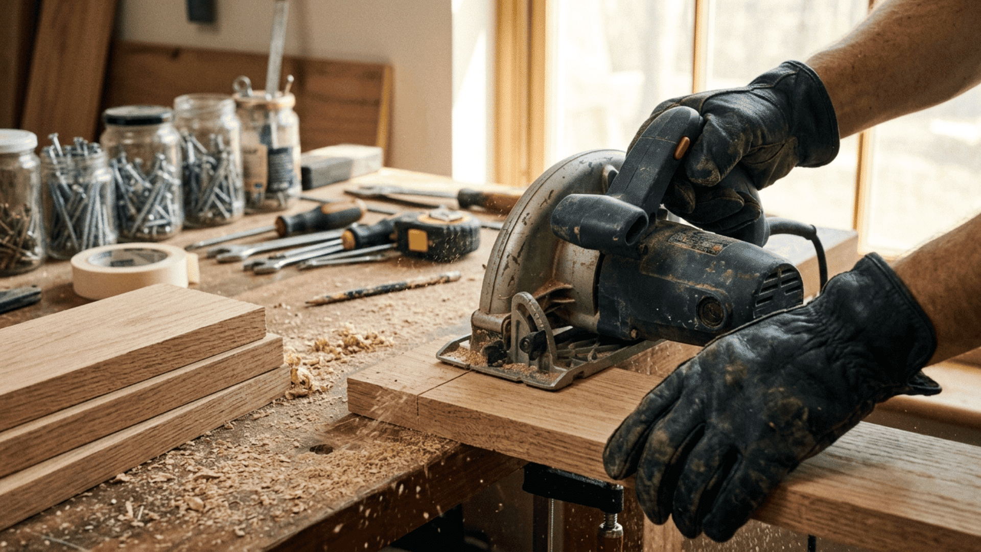 gloved hands operating a circular saw to cut hardwood boards on a workbench with wood shavings and tools visible in the background