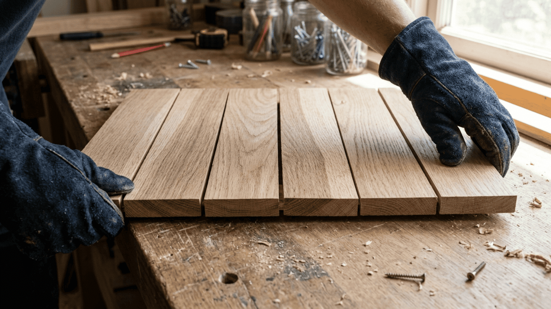 gloved hands pressing six hardwood boards flat side by side into a wide countertop panel on a workbench with tools and screw jars visible in the background