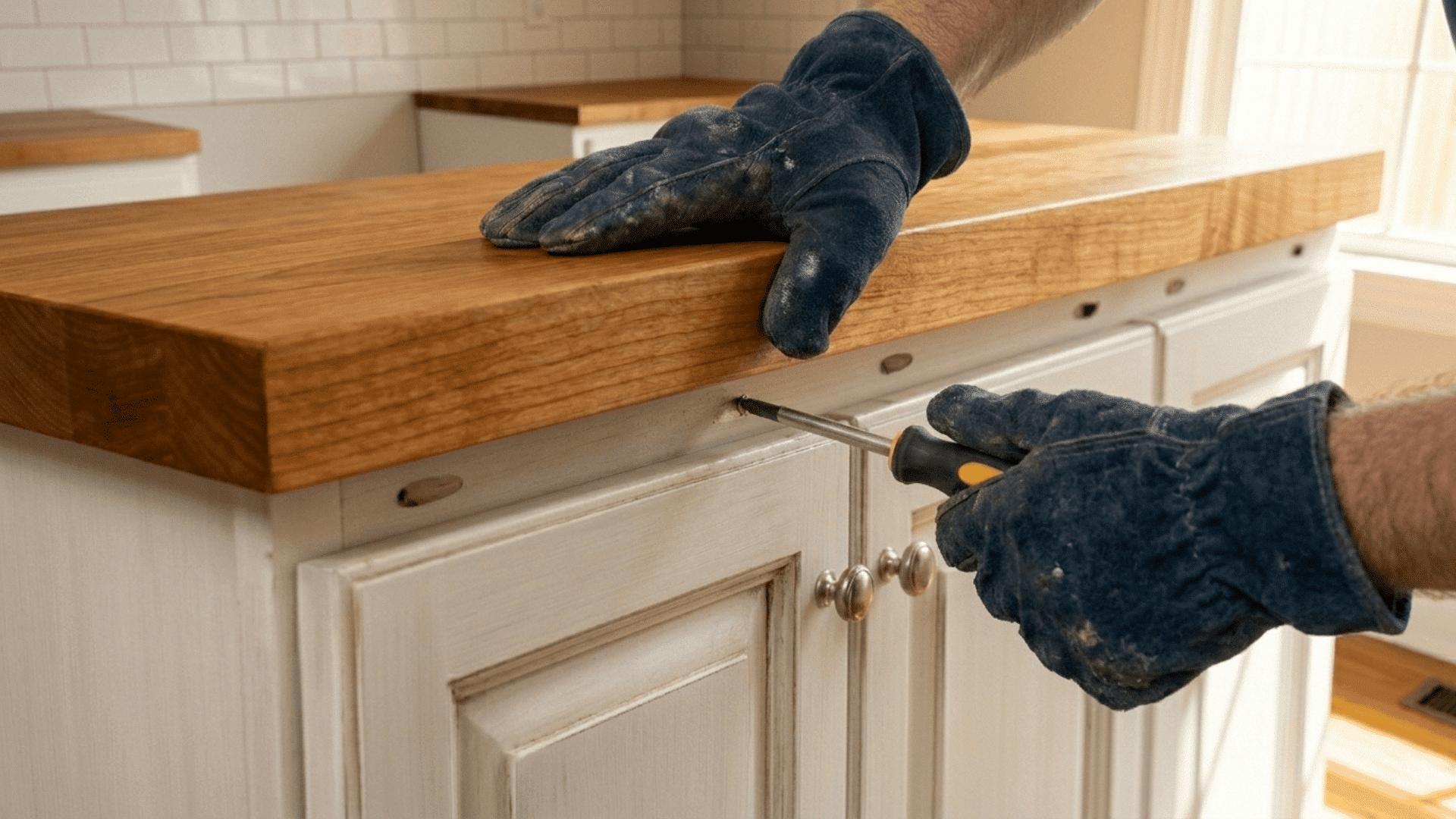 gloved hands securing a finished butcher block countertop onto white kitchen cabinets using a screwdriver with the smooth wood surface and cabinet doors visible