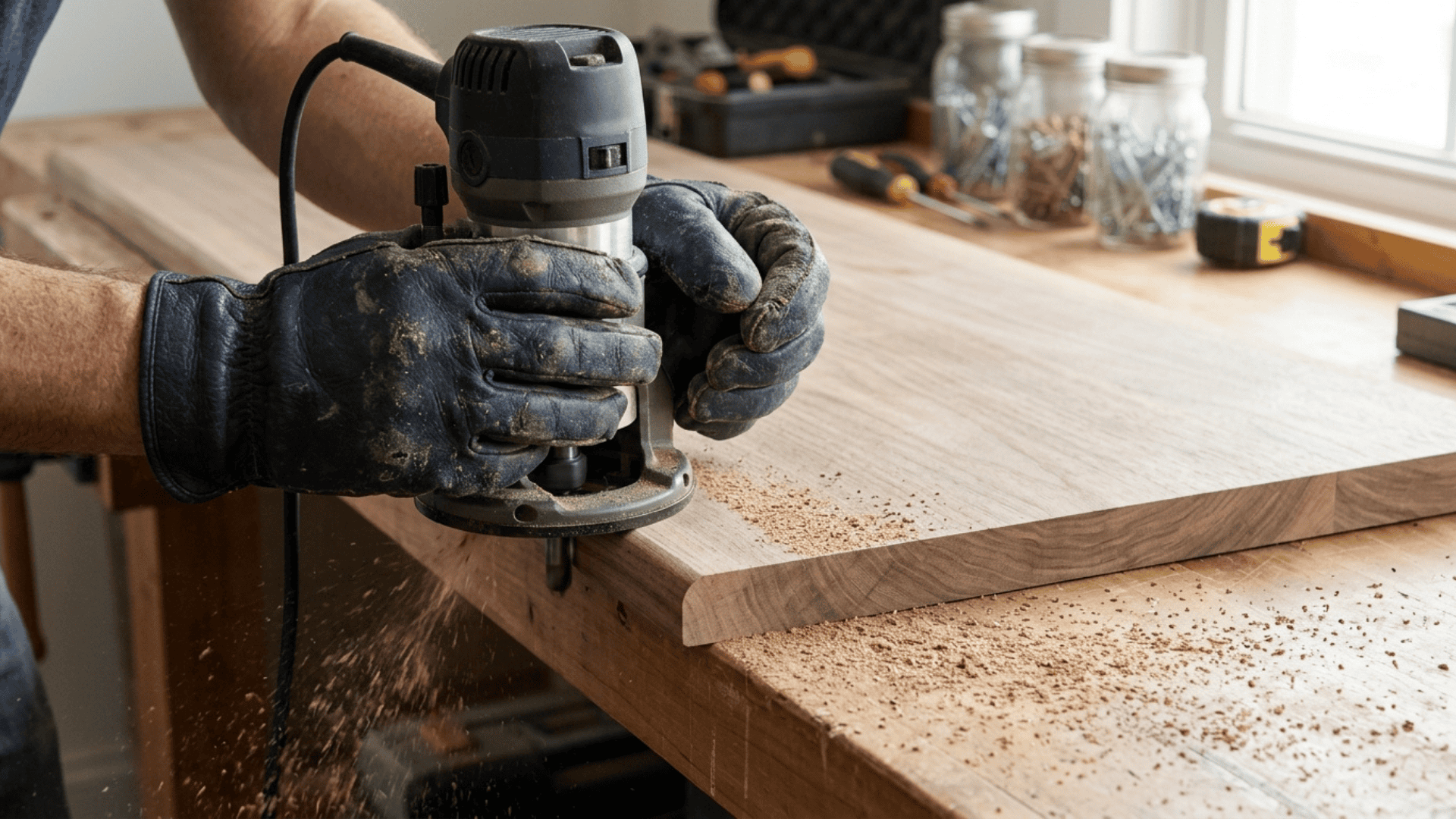 gloved hands using a router along the edge of a hardwood countertop panel with wood chips flying and screw jars and tools visible in the background