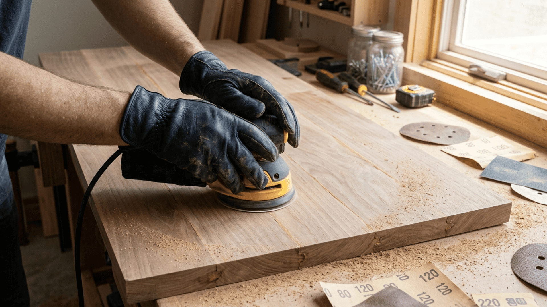 gloved hands using an orbital sander across a wide joined hardwood countertop panel with sandpaper sheets of different grits and tools visible in the background