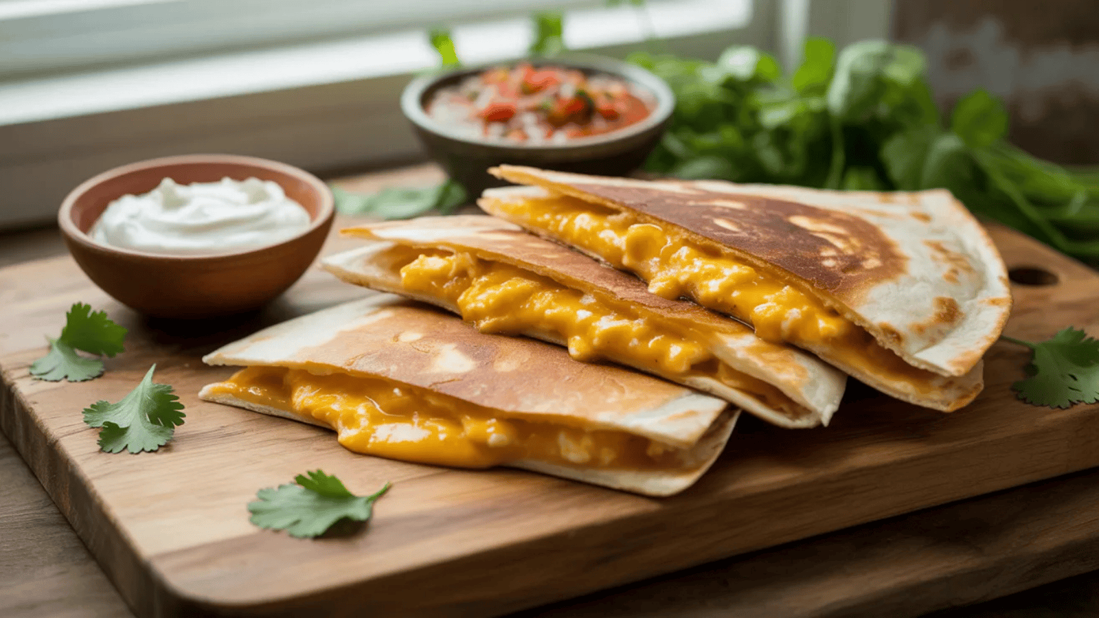 gold, enfolded slice, sliced into three wedges, on a board with melted cheese and scrambled egg visible layers; a small dish of salsa and sour cream