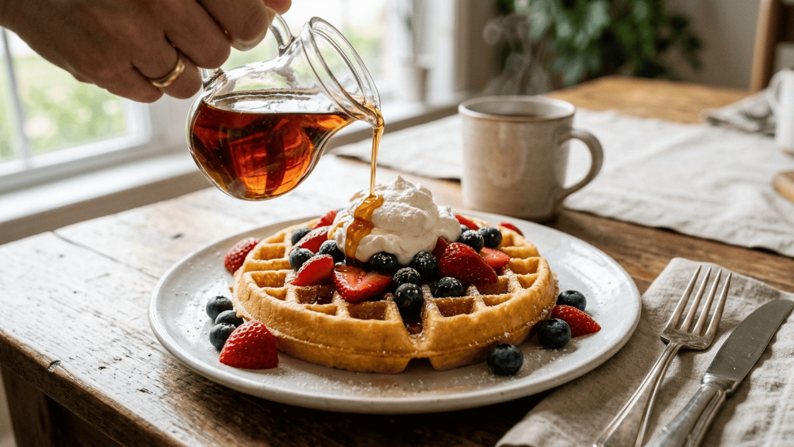 golden Belgian waffle on a white plate, topped with fresh strawberries, blueberries, and a cloud of whipped cream, with maple syrup
