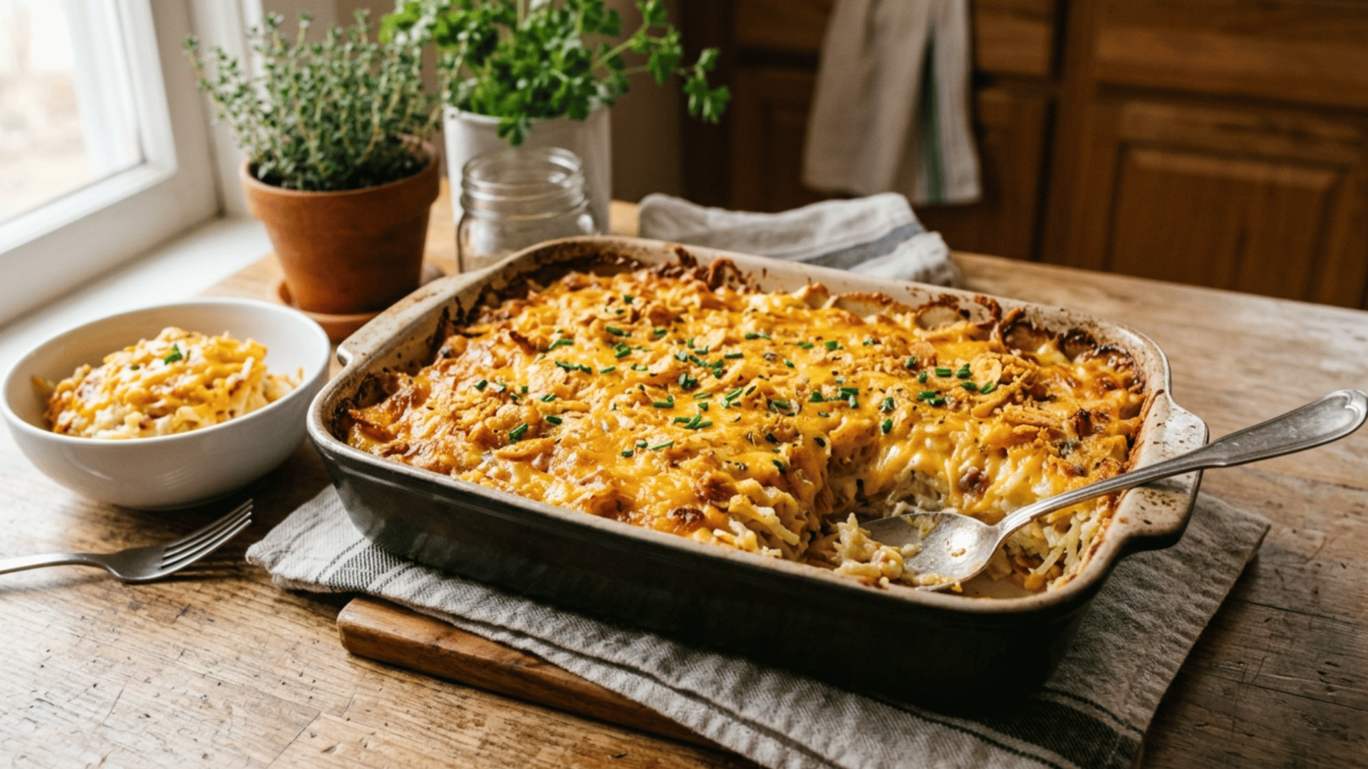 golden cheesy hash brown casserole bubbling fresh out of the oven in a ceramic baking dish