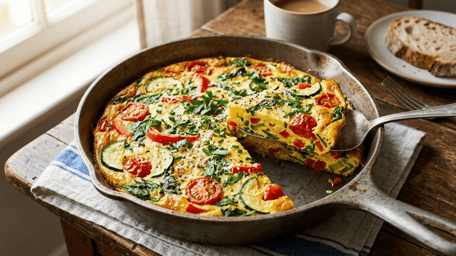 golden frittata iaaa cast-iropannn with courgette, cherry tomatoes, red pepper, anspinachch visible throughout