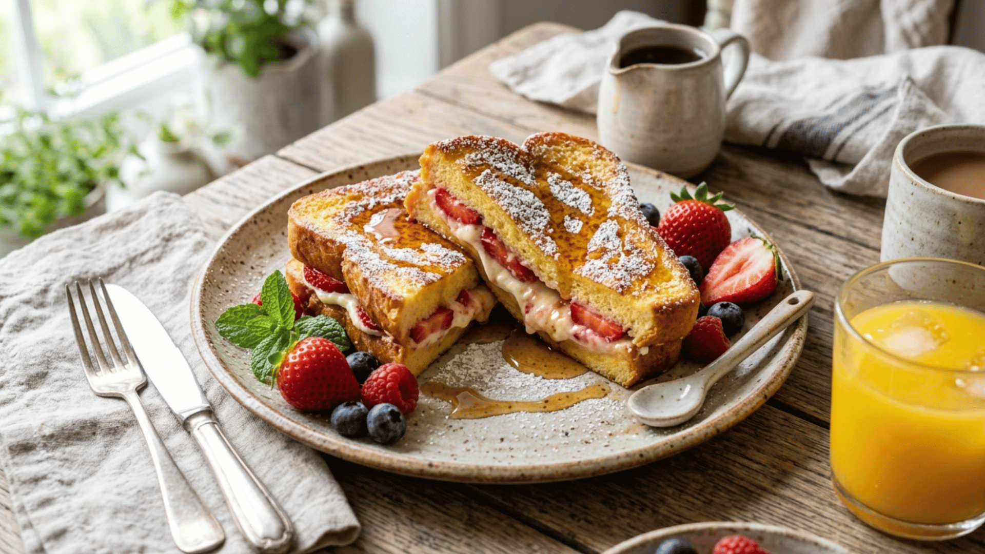 golden strawberry stuffed french toast dusted with powdered sugar on a white plate for mothers day brunch
