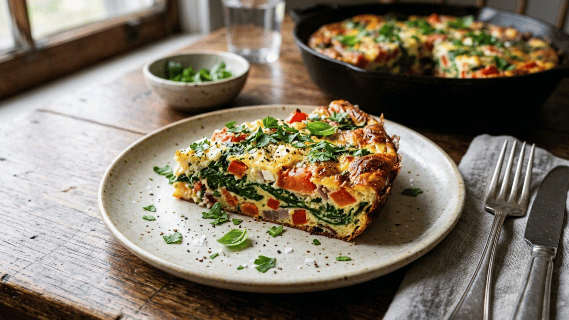 golden veggie frittata with zucchini, cherry tomatoes, and spinach sliced and served from a skillet