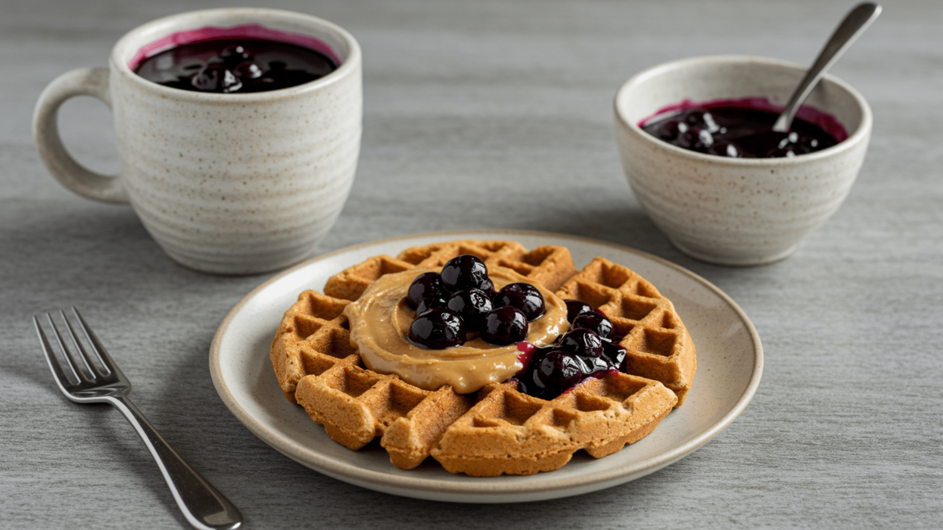 golden waffle topped with peanut butter and blueberries on a plate, with two bowls of berry sauce and a fork on a gray table