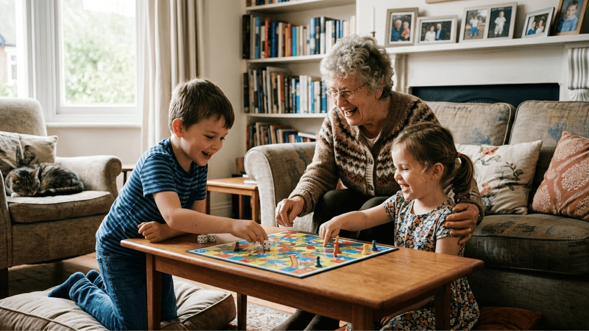 grandmother playing a board game with two children in a cozy living room, showing laughter, bonding, and family togetherness