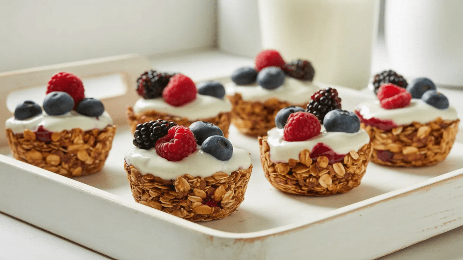 granola cups filled with yogurt and topped with mixed berries