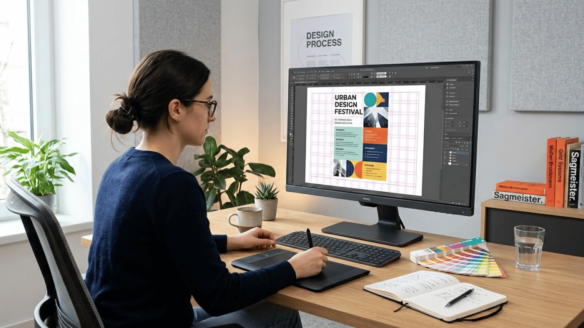 graphic designer working on a poster layout with grid guides on a computer screen, arranging text, shapes, and colors on a desk workspace (2)