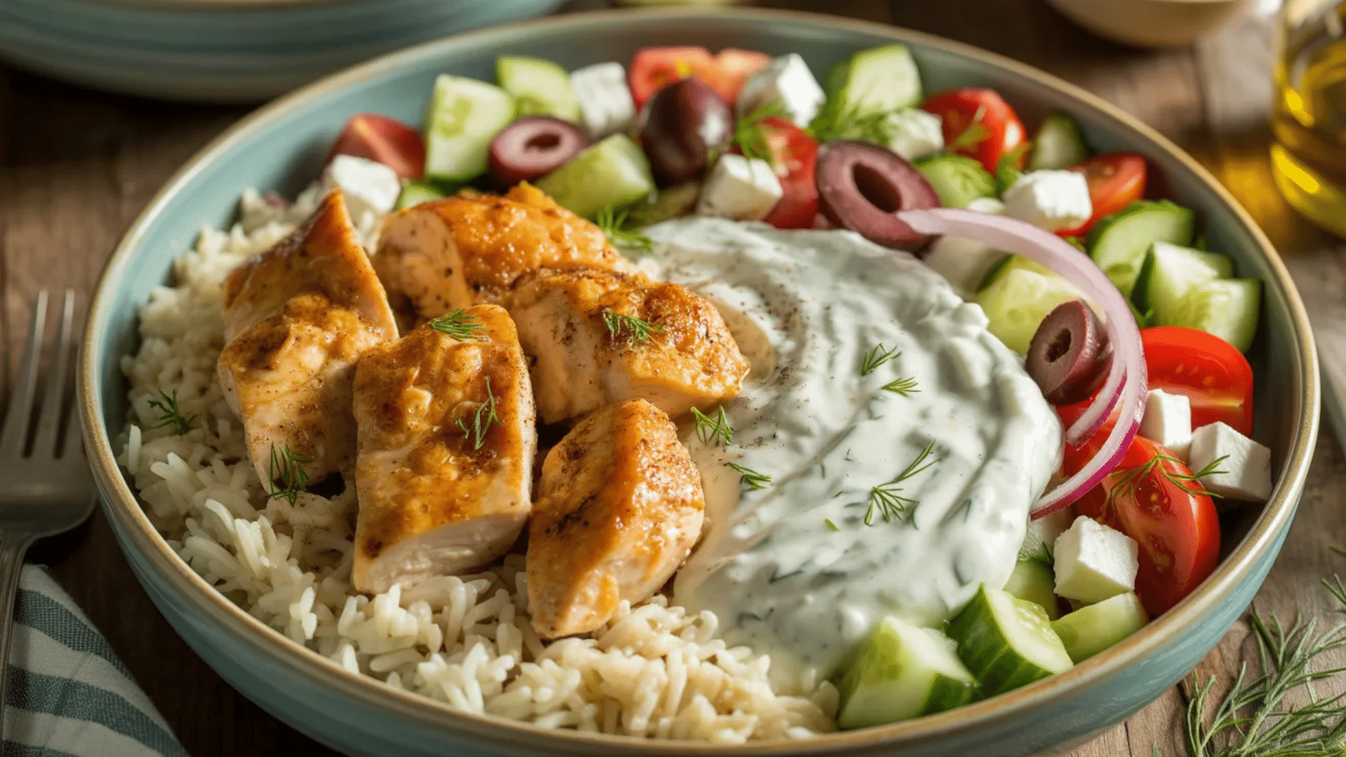 greek chicken bowl with rice fresh vegetables feta olives and creamy tzatziki sauce