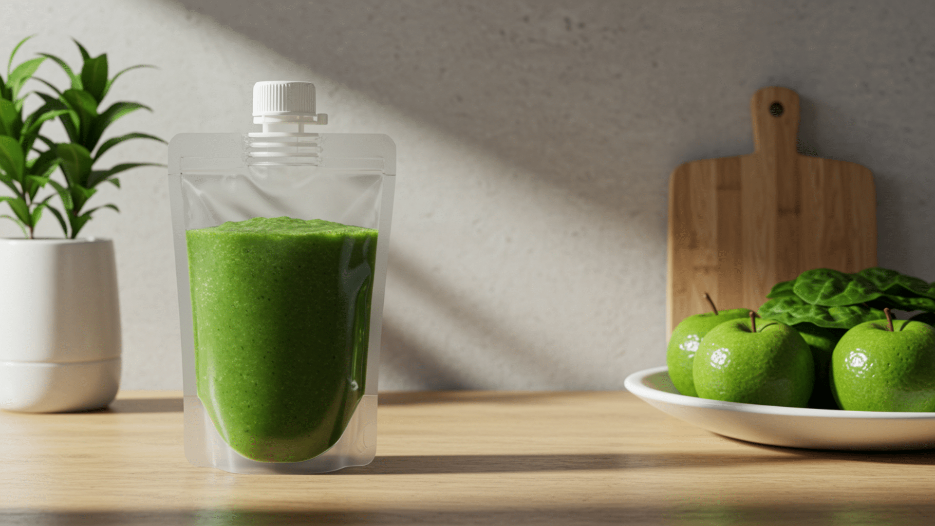 green smoothie in a clear pouch placed on wooden table beside fresh green apples spinach leaves and cutting board in soft light
