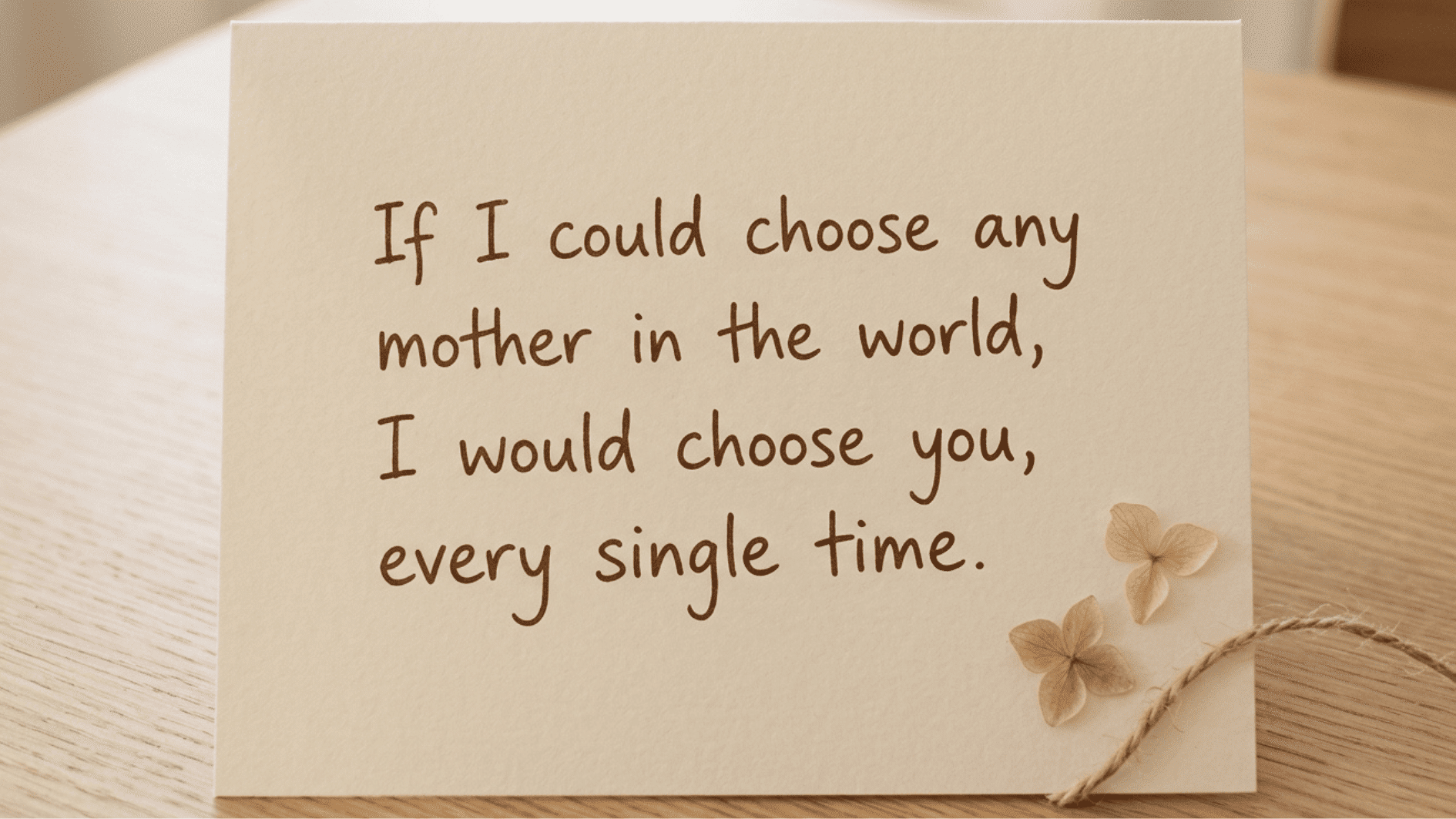 greeting card with a heartfelt message about choosing your mother every time, placed on a wooden surface with soft natural lighting