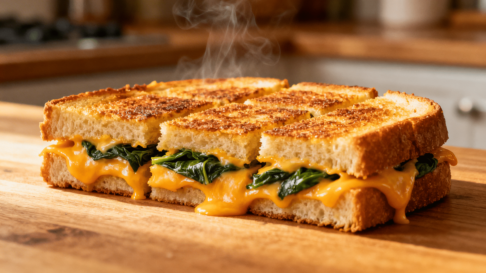 grilled cheese sandwich with melted cheese and greens inside, cut into pieces and placed on a wooden board with steam rising