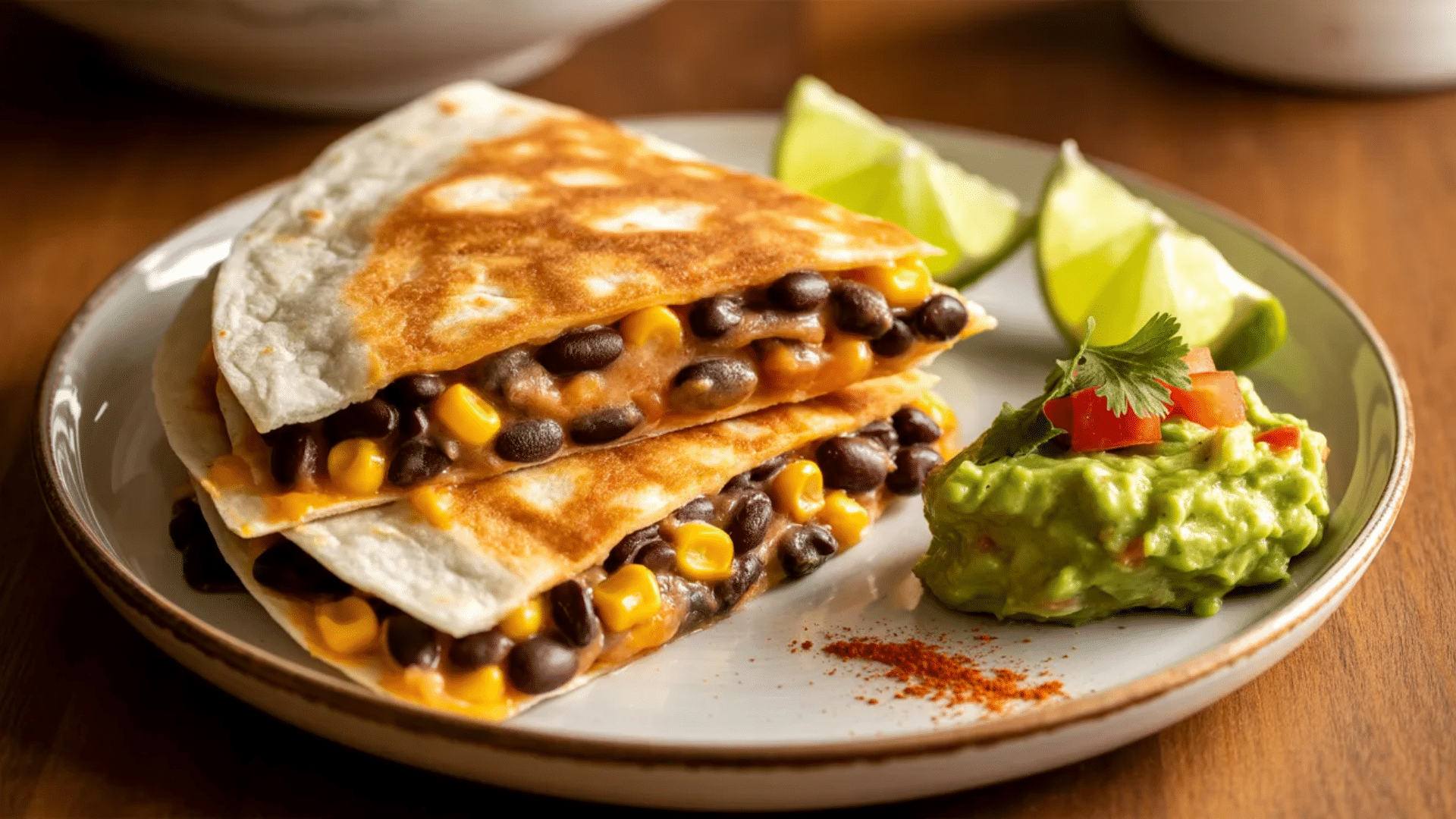 grilled quesadilla filled with black beans corn and melted cheese served with guacamole lime wedges and spices on a plate