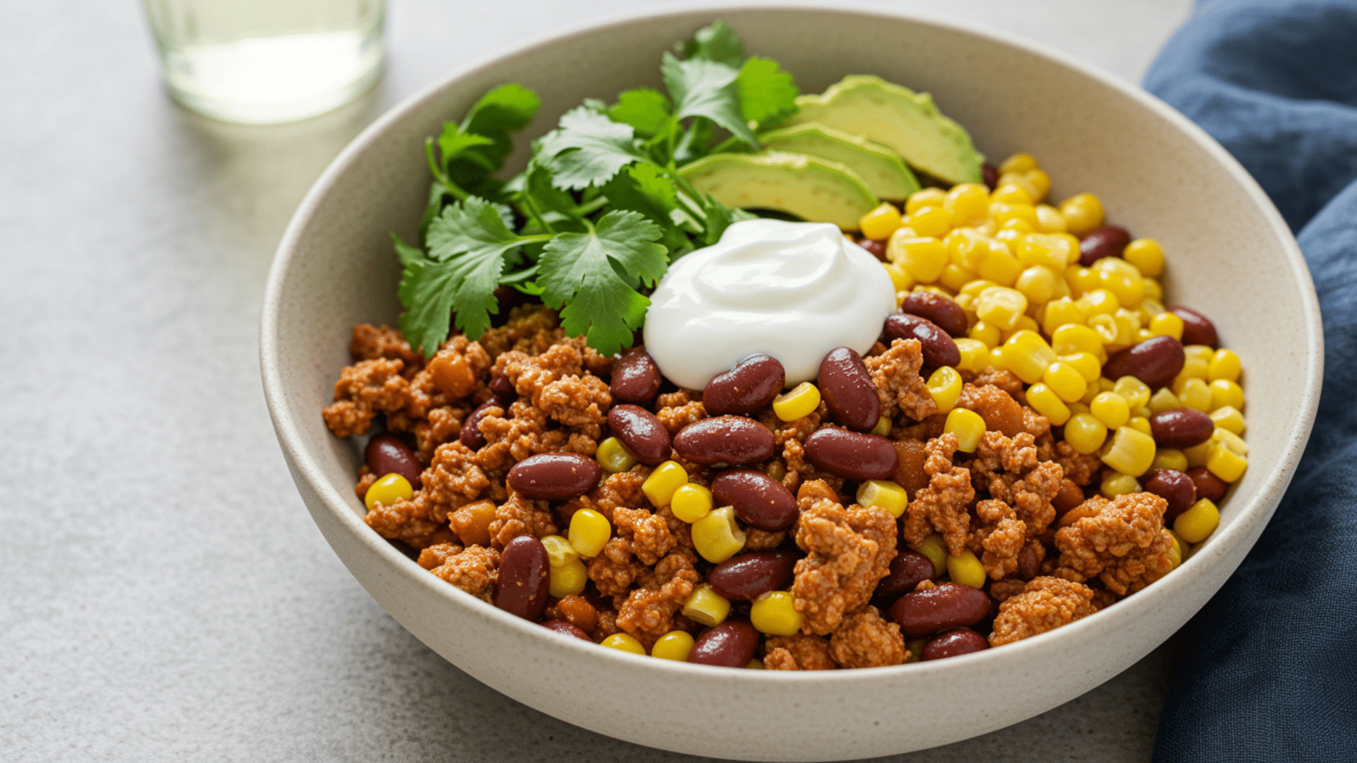 ground meat bowl with beans corn avocado and sour cream served in neutral bowl with fresh herbs on top