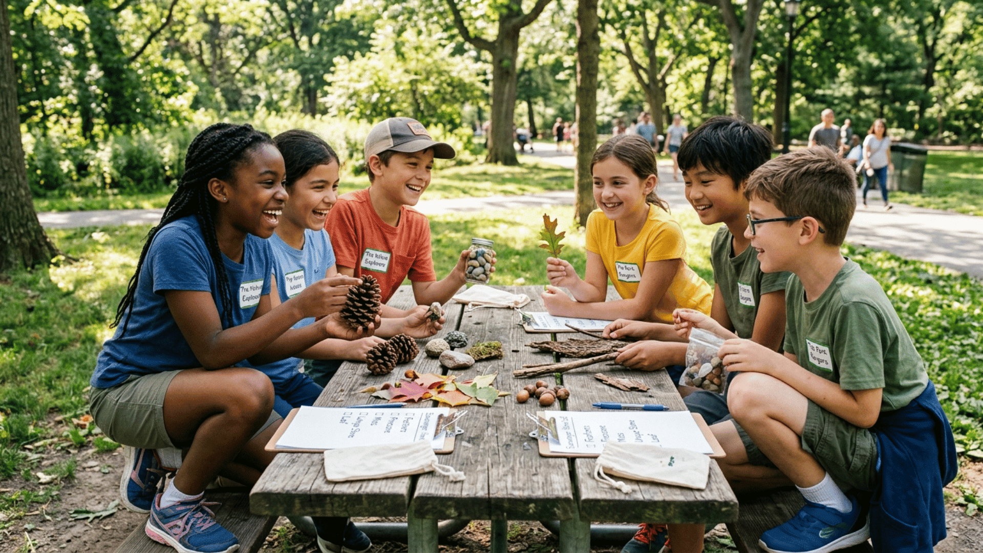 group of kids comparing collected leaves, pinecones, and rocks during a collaborative nature walk scavenger hunt in a park (2)