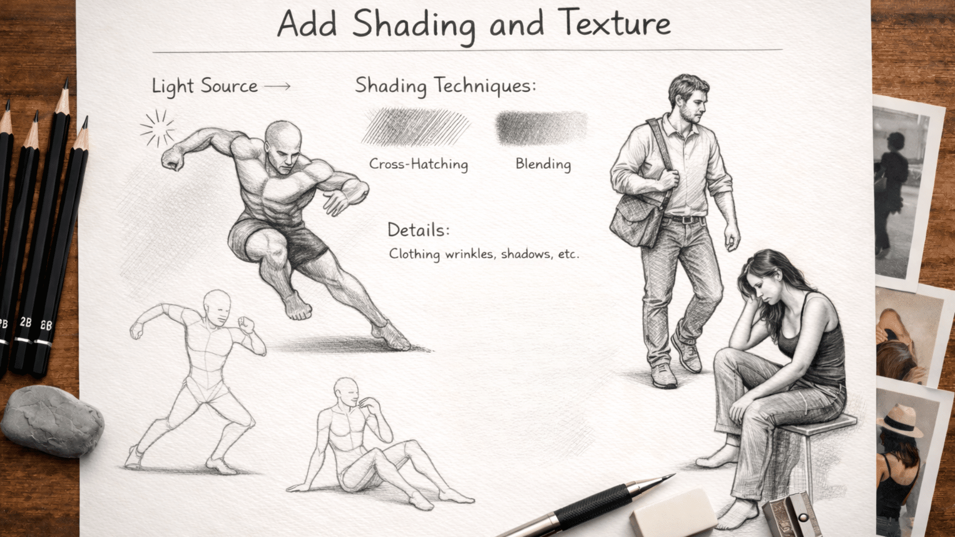 guide on adding shading and texture to figure sketches with cross-hatching and blending.